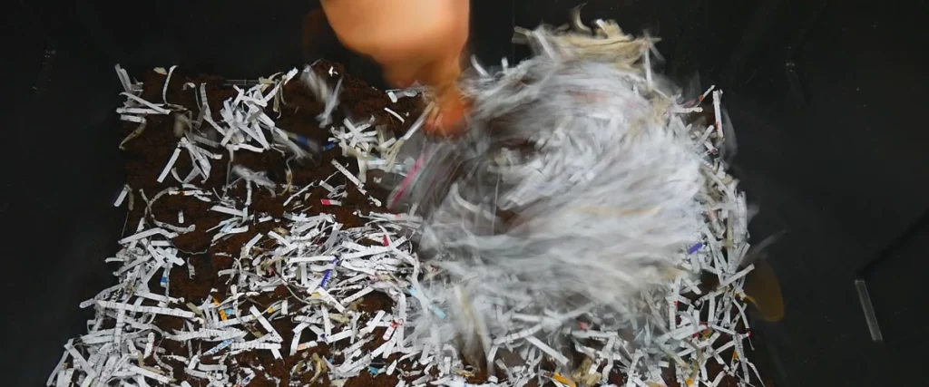 fluffing up the bedding for the homemade worm bin with paper and coco coir