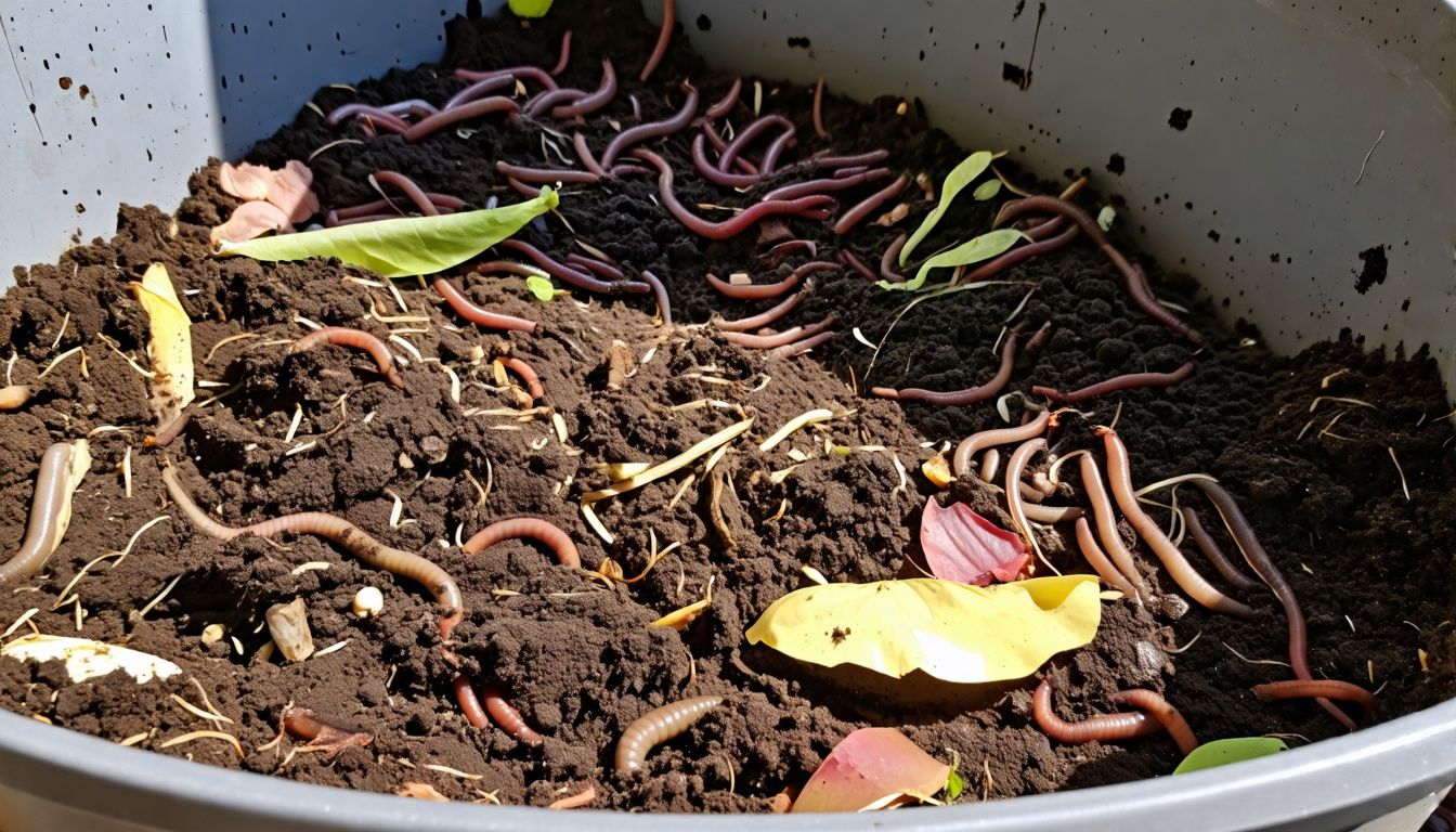 A worm bin with food scraps and bedding actively decomposing.