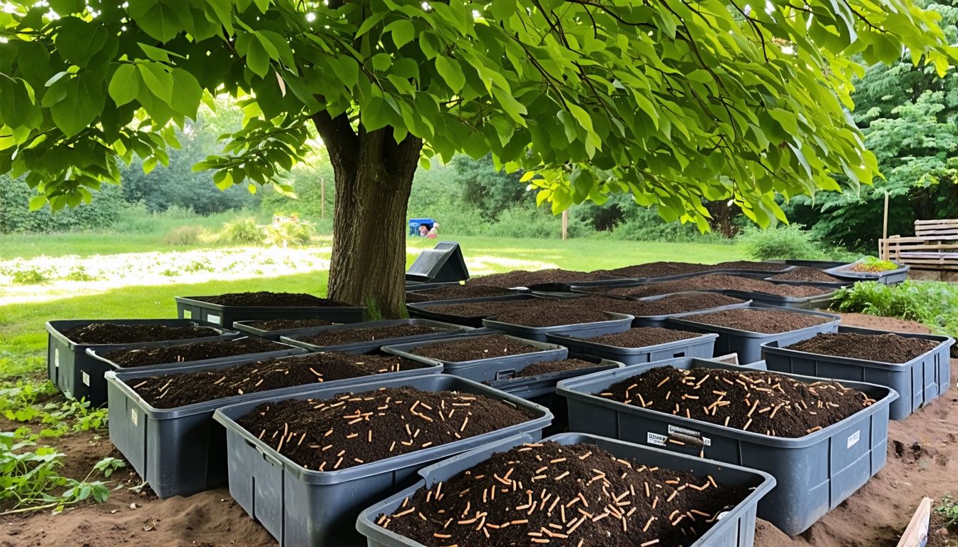 A thriving worm farm in a lush garden setting. A thriving worm farm in a lush garden setting.