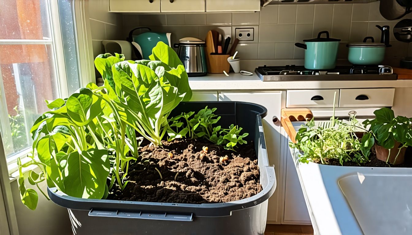 A thriving worm composting bin in a cozy kitchen. A thriving worm composting bin in a cozy kitchen.
