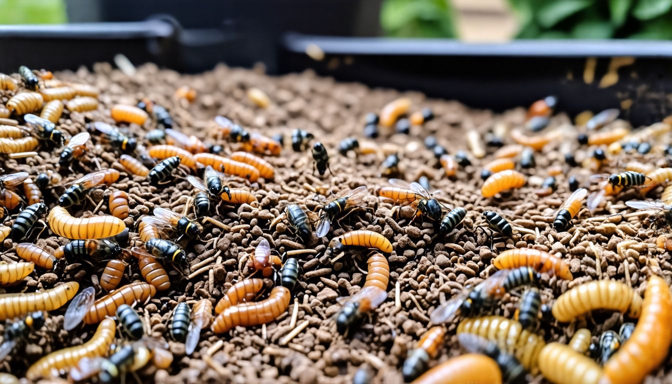 Close-up of overfed vermicomposting bin with fruit flies, mites, and bugs.