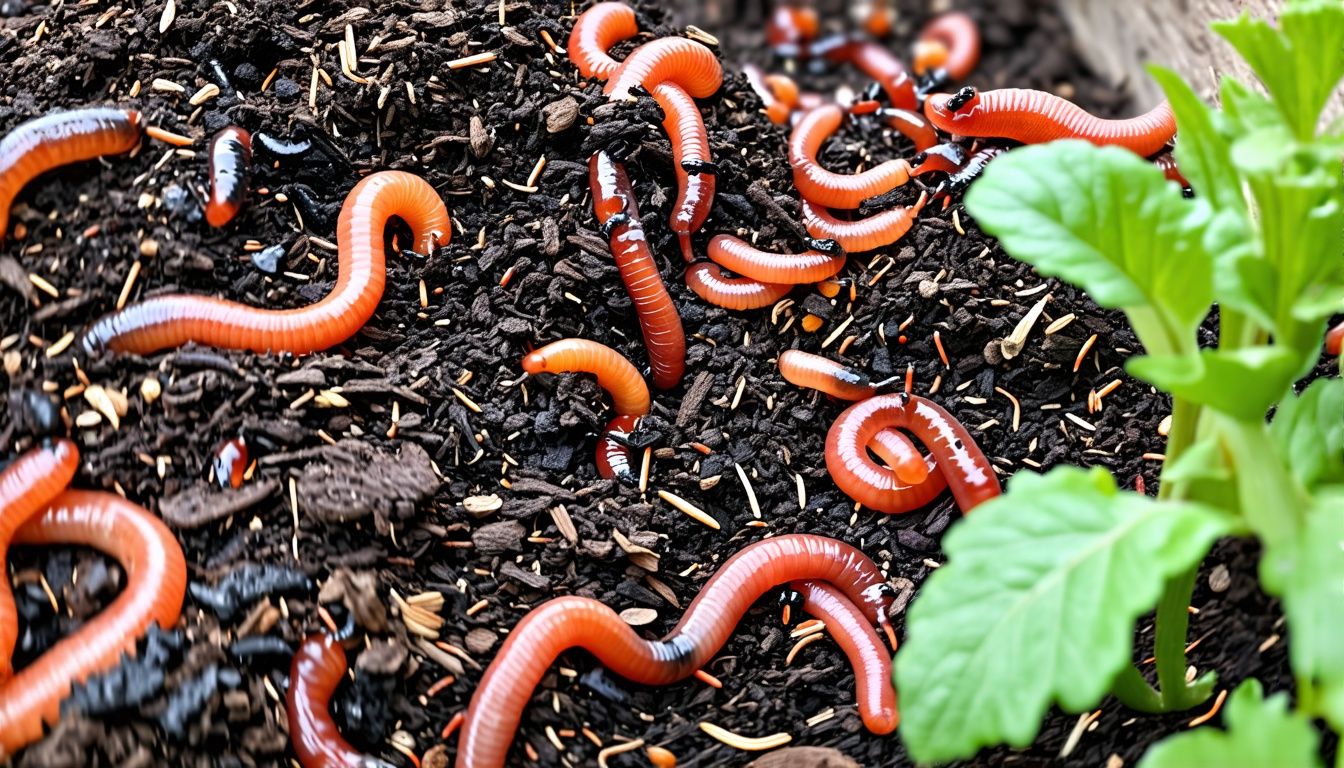 Close-up of red wiggler worms churning through vermicompost in garden bed. Close-up of red wiggler worms churning through vermicompost in garden bed.