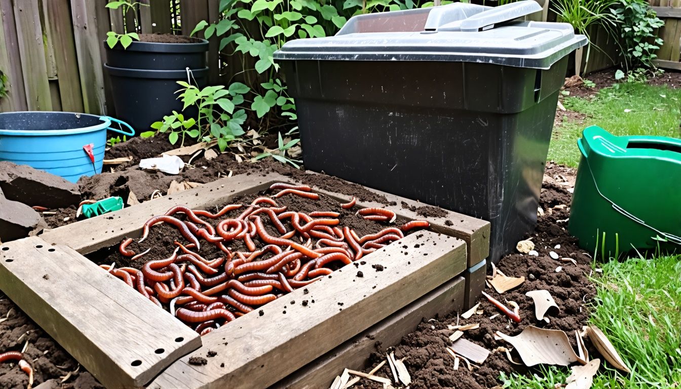 An outdoor vermicomposting setup with red wiggler worms and household waste. An outdoor vermicomposting setup with red wiggler worms and household waste.