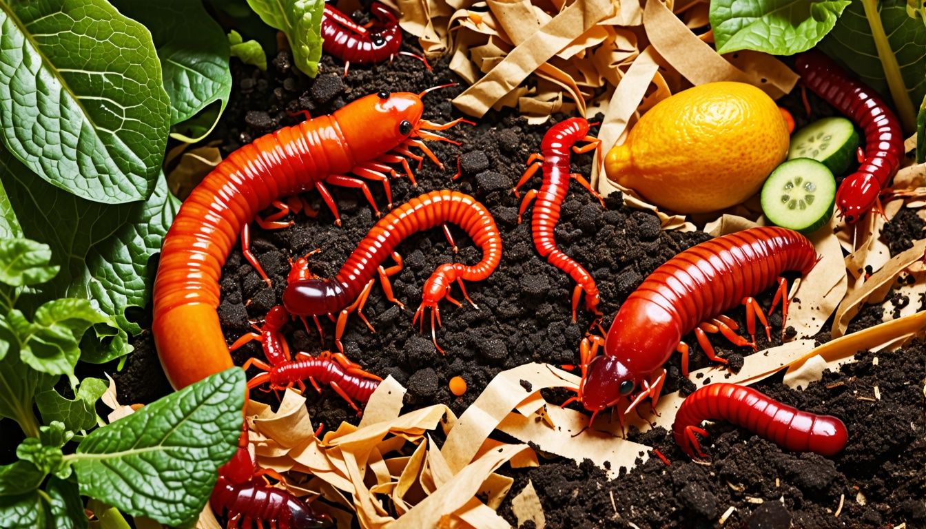 A compost bin with red wigglers and European Nightcrawlers, surrounded by organic waste. A compost bin with red wigglers and European Nightcrawlers, surrounded by organic waste.