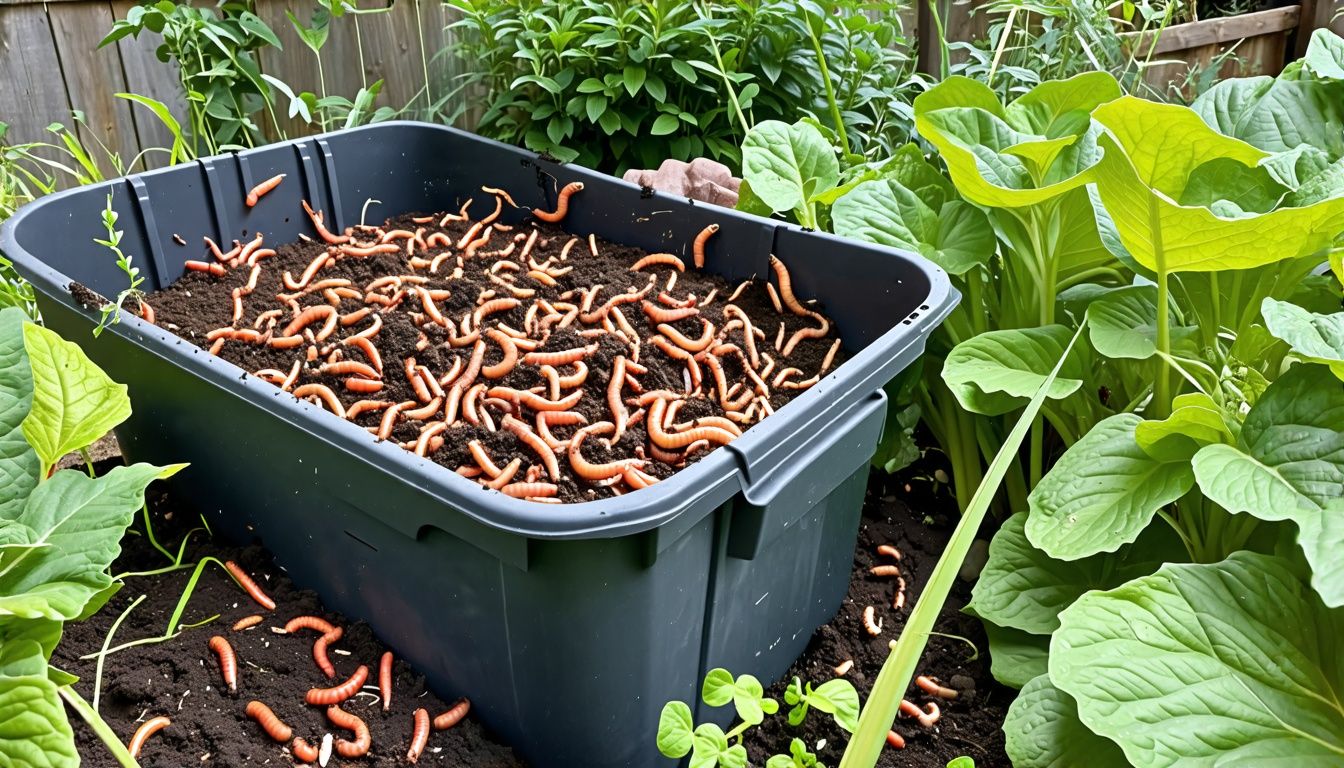 A backyard garden bin with red wiggler worms composting organic scraps. A backyard garden bin with red wiggler worms composting organic scraps.