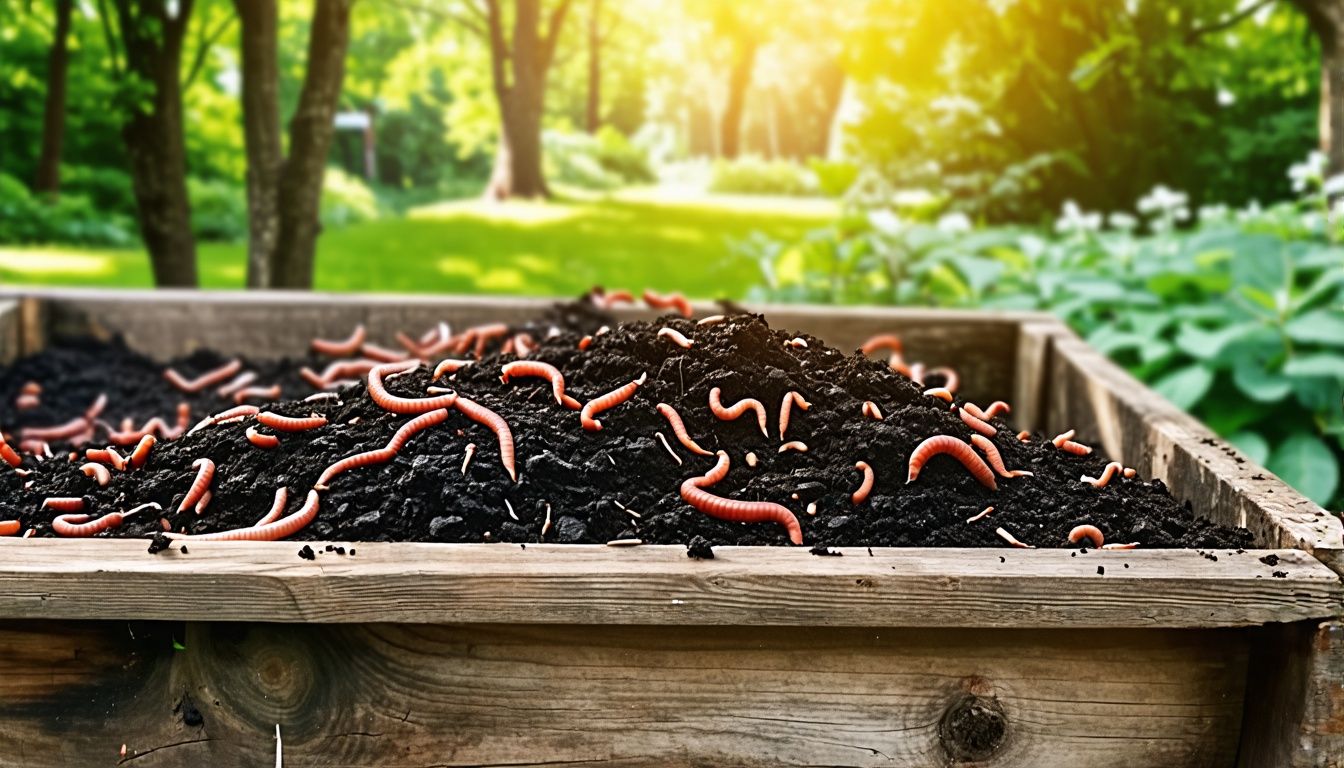 A rustic compost bin with red wriggler worms in a lush garden. A rustic compost bin with red wriggler worms in a lush garden.