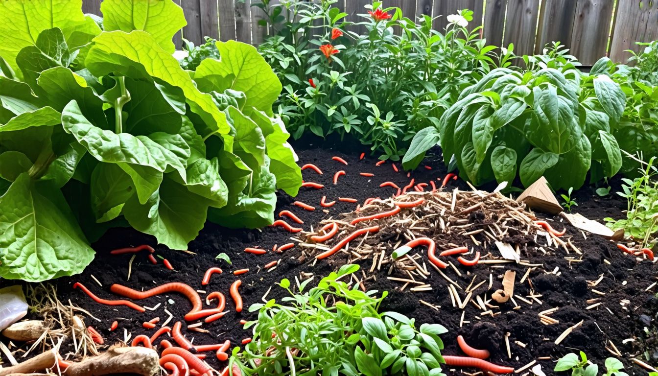 Garden bed with thriving plants and compost heap for soil enrichment.