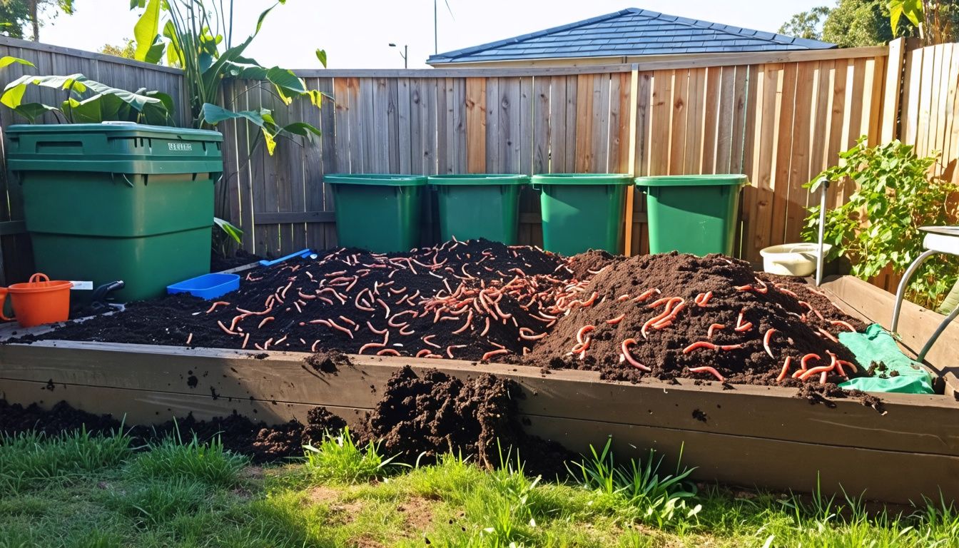 A thriving worm farm processing organic waste for sustainable income. A thriving worm farm processing organic waste for sustainable income.