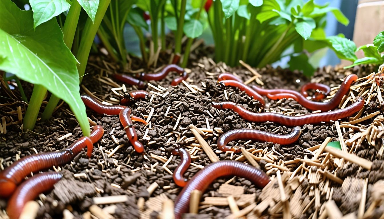 Close-up of red wigglers wriggling in DIY worm bin in garden.