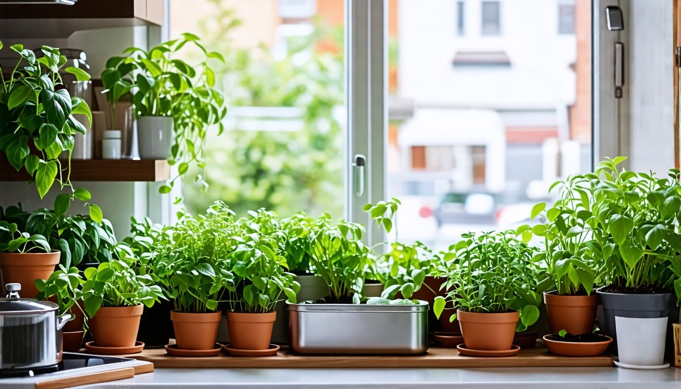 A compact urban kitchen with compost bin, herbs, and indoor plants. A compact urban kitchen with compost bin, herbs, and indoor plants.