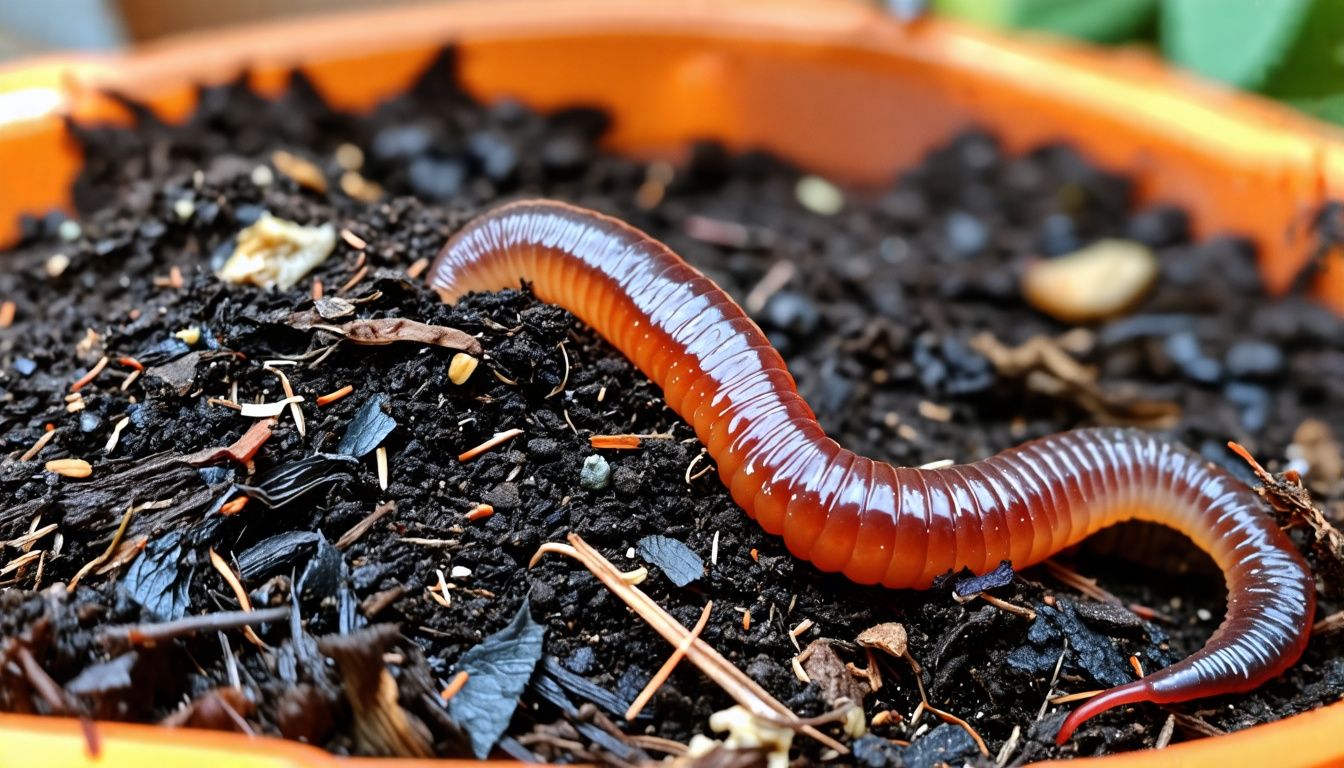 Close-up of red wiggler worm in vermicomposting process with food scraps. Close-up of red wiggler worm in vermicomposting process with food scraps.